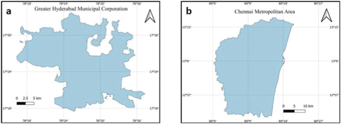 Two maps. a. A map of the Greater Hyderabad Municipal Corporation which scales horizontally, and along the north-west direction. b. A map of the Chennai Metropolitan Area which scales vertically, in the north-south direction.