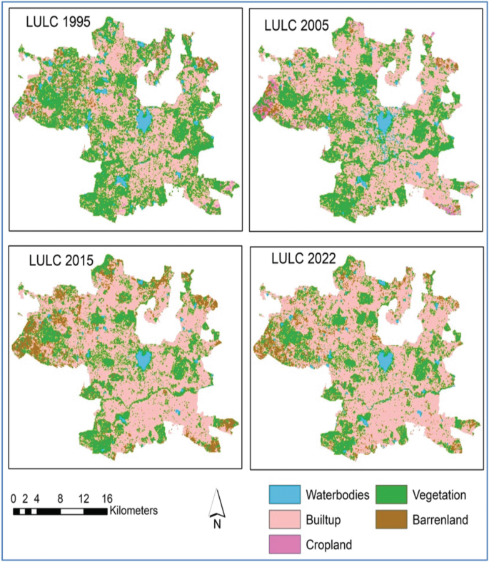 Four maps of the Greater Hyderabad Municipal Corporation depict L U L C 1995, L U L C 2005, L U L C 2015, and L U L C 2022. The vegetation areas are more in L U L C 1995, with more built-up areas in the other L U L Cs of 2005, 2015, and 2022.