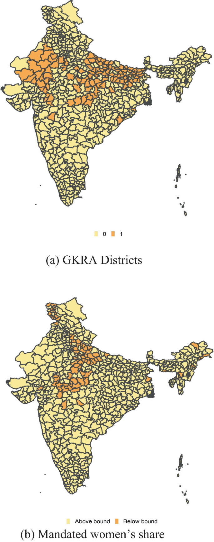 2 maps of India highlights the distribution of G K R A, and mandated women's share. a. The distribution of G K R A is the highest in Rajasthan, Madhya Pradesh, Uttar Pradesh, and Bihar. b. The mandated women's share is below bound in Jammu and Kashmir west, Uttar Pradesh, and Madhya Pradesh.