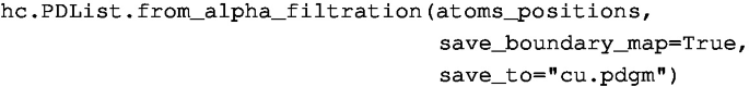 A screenshot of a line of code. It reads h c dot P D List dots from low dash alpha low dash filtration open parenthesis atoms low dash positions, save low dash boundary low dash map = True, save low dash to = quotation mark c u dot p d g m quotation mark close parenthesis.