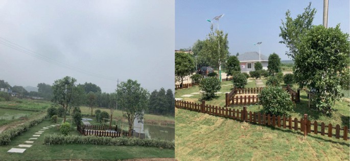 Two photographs of the site of a rural domestic sewage treatment case in Liyang, Jiangsu, China.