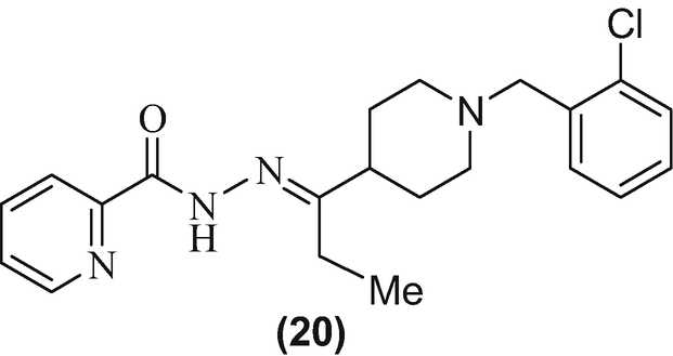 A molecular structure of compound 20 has carbon rings with single bonds N H, two N, C l, and M e and double bonds O and N. The N is single-bonded to N H and double-bonded to the carbon ring.