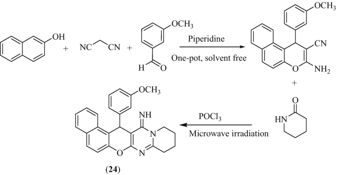 A chemical reaction involves a compound comprising of carbon rings with single bond O H + single bonded N C and C N + a compound comprising of a carbon ring with single bonds H and O C H 3 and a double O that results in compound 24 after passing 2 stages in the presence of piperidine and P O C l 3.