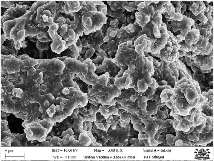 A scanning electron micrograph of crumb rubber at 5 micrometers. E H T equals 10.00 kilovolts, magnification equals 5.00 thousand times, signal A equals In Lens, W D equals 4.1 millimeters, and system vacuum equals 3.86 e minus 07 millibars.