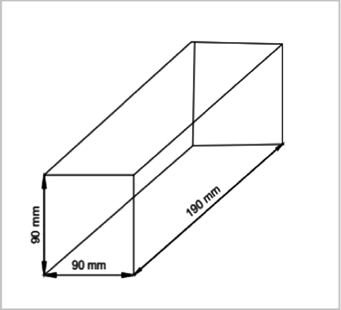 A schematic illustration of a sustainable brick model. It is 190 millimeters wide, 90 millimeters long, and has a height of 90 millimeters.