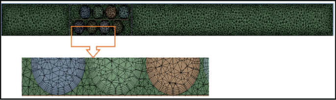 A mesh model of a duct with a package in it. The package has two layers of apples separated by a thin plate. A close-up mesh view of the three apples at the bottom layer is depicted below.