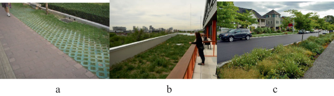3 photographs. A. The pavement has grass on the side. B. The roof of the building has a column along the railing. The column has soil with grass and small shrubs. D. A column between the road and the sidewalk has shrubs and grass.