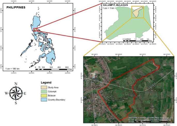 A map of the Philippines highlights Bulacan with a close-up map of Calumpit on the top right. The map of Calumpit highlights the study area Sapang Bayan with its terrain view at the bottom right.