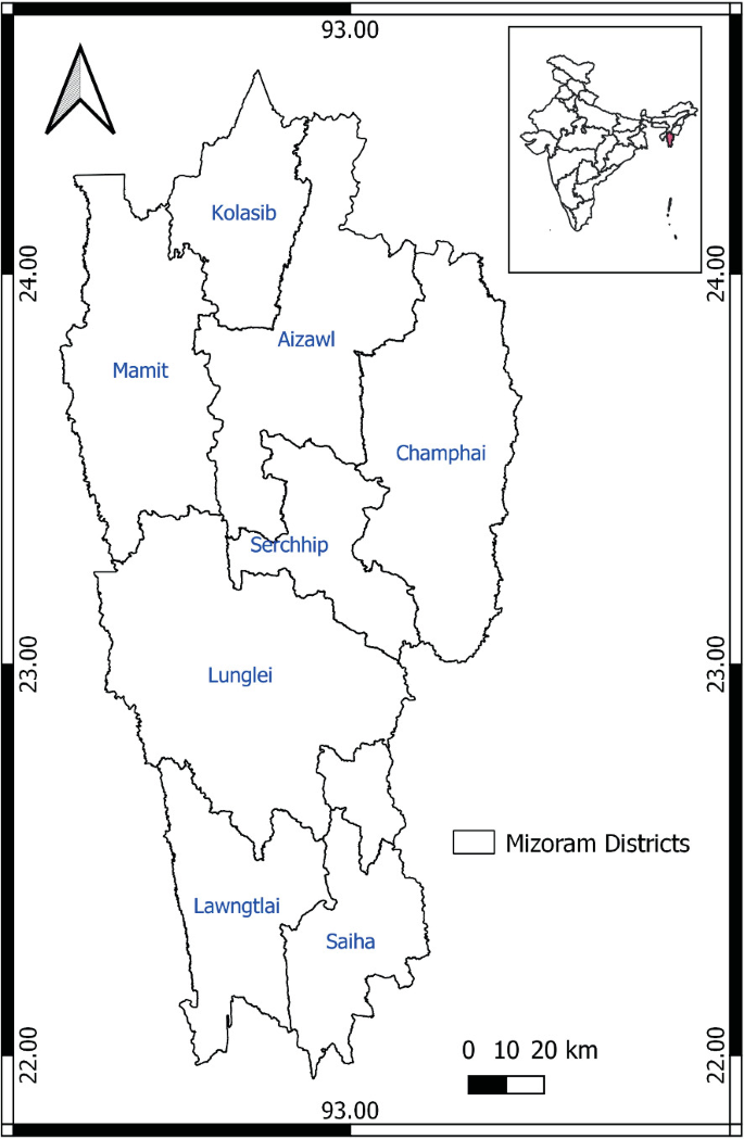 A district map of Mizoram labels the following. Kolasib, Mamit, Aizawl, Champhai, Serchhip, Lunglei, Lawngtlai, and Saiha. The inset at the top right depicts the political map of India that highlights Mizoram state.