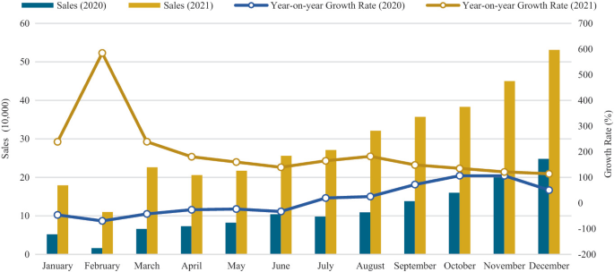 A dual Y-axis bar graph of sales and growth rate versus month. It presents sales between January and December of 2020 and 2021. The sales are maximum in December 2021 and lowest in February 2020. 2 lines present the variation in year-on-year growth rate in 2020 and 2021.