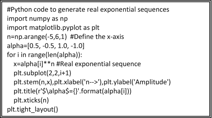 A Python code to generate real exponential sequences includes import numpy as n p, import matplotlib dot pyplot as p l t, n = n p dot arange left parenthesis negative 5, 6, 1 right parenthesis define the X-axis, alpha = left square bracket 0.5, negative 0.5, 1.0, negative 1.0 right square bracket, and real exponential sequence.