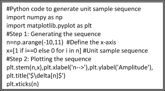 A Python code to generate a unit sample sequence has two steps, including generating the sequence, defining the X-axis, and plotting the sequence.