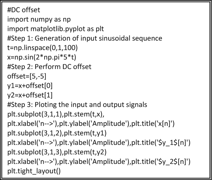 A Python code to perform D C offset includes D C offset, step 1 of generation of the input sinusoidal sequence, step 2 of performing D C offset, offset = left bracket 5, negative 5 right square bracket, y 1 = x + offset of 0, y 2 = x + offset of 1, and step 3 of plotting the input and output signals.