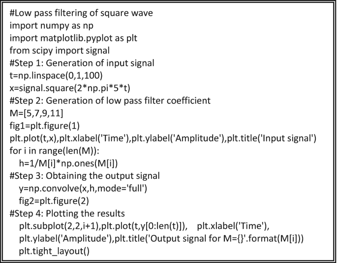 A Python code to perform lowpass filtering of a square wave includes step 1 of the generation of the input signal, step 2 of the generation of low pass filter coefficient, M = left square bracket 5, 7, 9, 11, right square bracket, step 3 of obtaining the output signal, and step 4 of plotting the results.