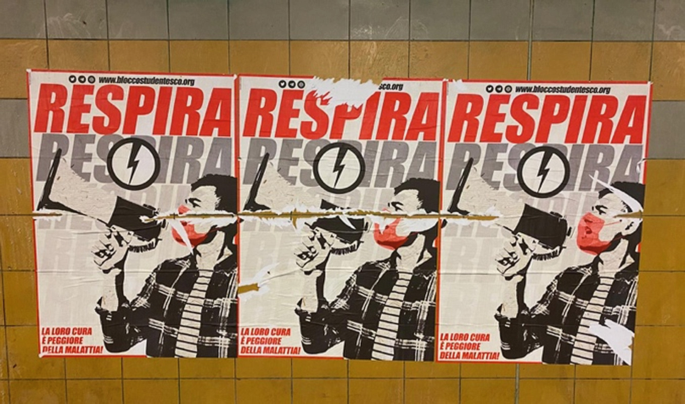 A photo of 3 copies of a poster pasted on a tiled wall. The poster has an illustration of a person wearing a Covid mask and speaking into a megaphone. A lightning icon is above it. Title and other text are in a foreign language.