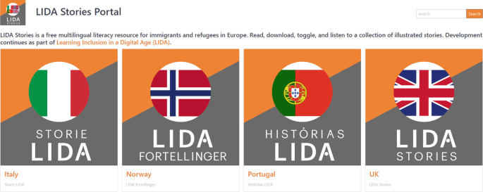A screenshot of LIDA Stories Portal. It has a search bar at the top right corner. There are 4 banners on the screen for Italy, Norway, Portugal, and U K, respectively.