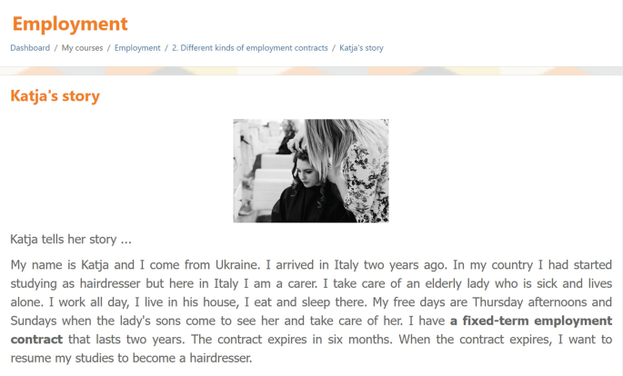 A screenshot of the employment tab. The screen has Katja's story with a photograph on the right. The first line of the text reads My name is Katja and I come from Ukraine.