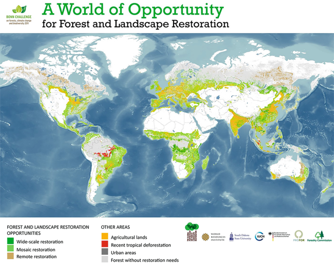 A map of the world highlights wide-scale restoration, mosaic restoration, and remote restoration of forest and landscape restoration opportunities, agricultural lands, recent tropical deforestation, urban areas, and forest without restoration needs.