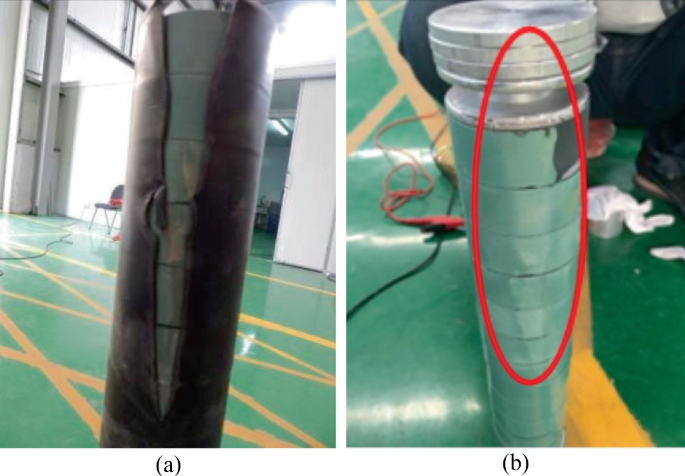 2 photos. A presents a cracked insulating sheath. B, valve plates are arranged vertically, and valve discs are on top of the plates. A highlighted area is noted near the valve plates and discs.