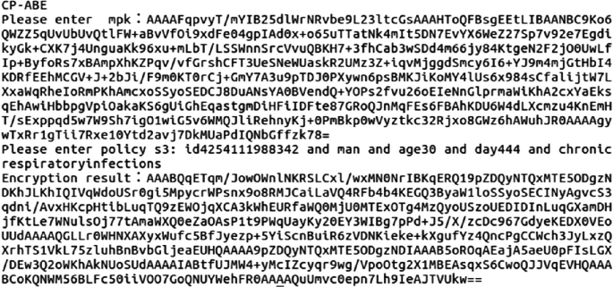 A screenshot of a set of encrypted m p k and m s k commands at the A terminal, which are decrypted by the B terminal using the R S A algorithm and encrypted using the C P-A B E algorithm.