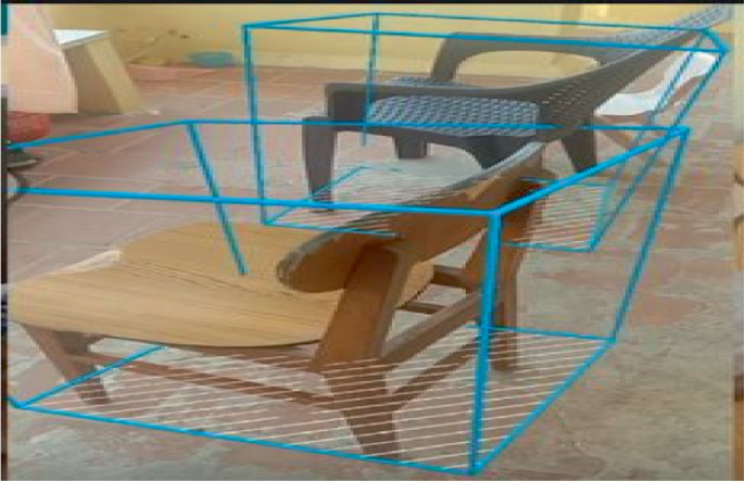 A photograph depicts wooden and plastic chairs. Both the chairs are detected by two 3-D bounding boxes.