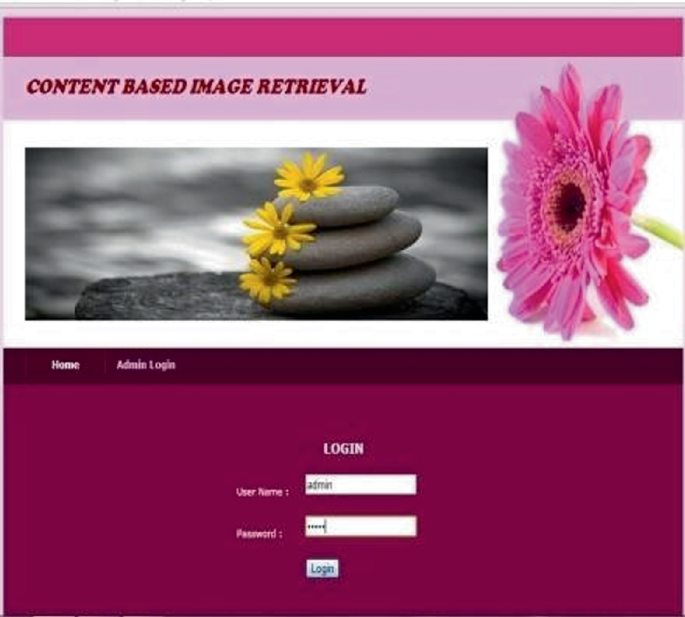 A screenshot of a window has 2 photographs of 3 stones balanced on top of one another with 3 flowers and a close-up of a flower with a text that reads content-based image retrieval. An admin login screen with input boxes for user name and password is below them.