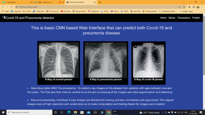 A screenshot of the Covid-19 and Pneumonia detector web application window. The heading reads, This is a basic C N N-based web interface that can predict both Covid-19 and pneumonia disease. 3 chest X-rays of a normal person, a pneumonia patient, and a COVID-19 patient, and 2 points are below.