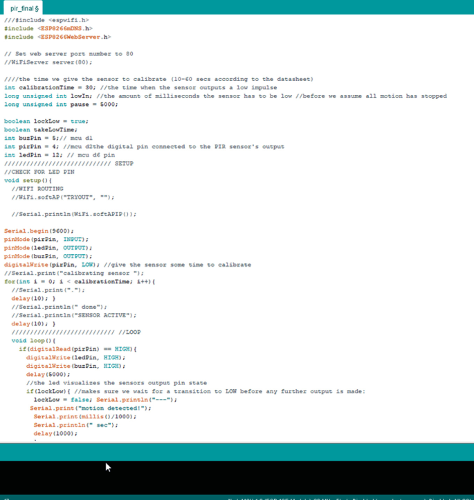 A screenshot depicts the programming code. The programming code starts with the include function followed by i n t and boolean functions. It further depicts the serial dot print command to display the message motion detected.