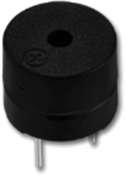 A photograph of a buzzer depicts a dark cylindrical body with two pins at the bottom. A small hole is at the top.