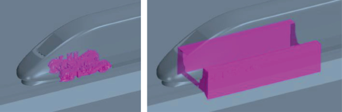 A 2-part illustration represents the 3-dimensional models of high-speed trains. The left model highlights a smaller portion at the side wall of the train. The right model highlights a larger section on the side.