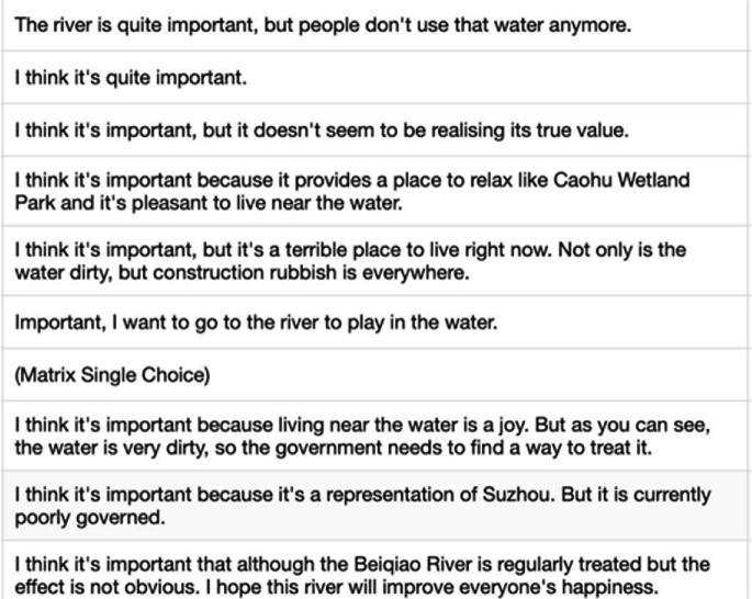 An interview regarding the Beiqiao River. Recognized as important, valued for recreation, and living near it is considered enjoyable. Concerns include water pollution, inadequate governance, and a desire for government action to improve conditions and enhance residents' happiness.