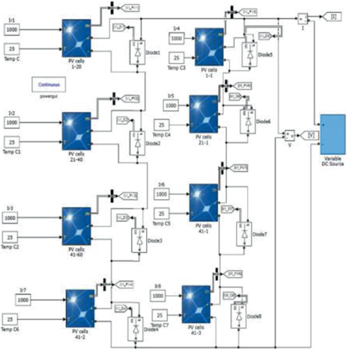 A circuit diagram with P V cells.