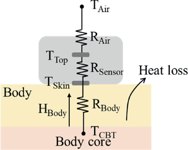 A schematic diagram illustrates the heat loss from the body when a C B T sensor is attached to the skin. The entire setup has resistance from the sensors, body, and air.