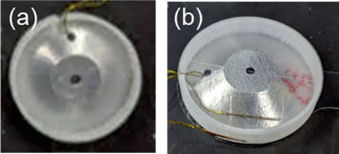 Photographs of the top of a C B T sensor with a conical top, the head cut off, and a circular base.