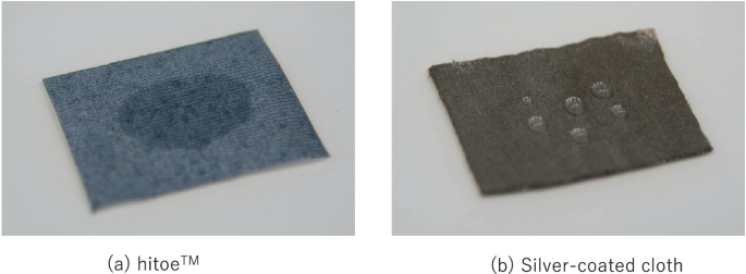 2 photos. a is of a rectangular mat with an irregular impression of water. b is of a silver-coated rectangular mat of silver-coated cloth with droplets of water on it.