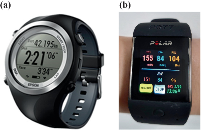 Two photographs of blood pressure are displayed on the two smartwatch screens.