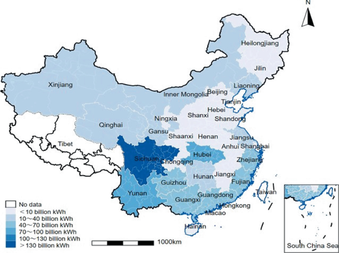 A map of China highlights renewable power generation in China from 2003 to 2020. The highest generation is more than 130 billion kilowatt hours in Sichuan followed by Yunan and Hubei which ranges from 100 to 130 kilowatt hour.