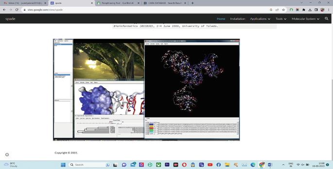 A screenshot of a window in which a tab titled Spade is open. It exhibits a sub-window panel that displays two structural conformations, a dendrogram, and two more illustrations.