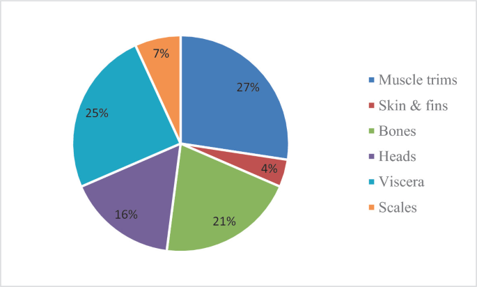 A pie chart provides the proportion of fish waste. The given values are as follows. Muscle trims, 27%. Viscera, 25%. Bones, 21%. Heads, 16%. Scales, 7%. Skin and fins, 4%.