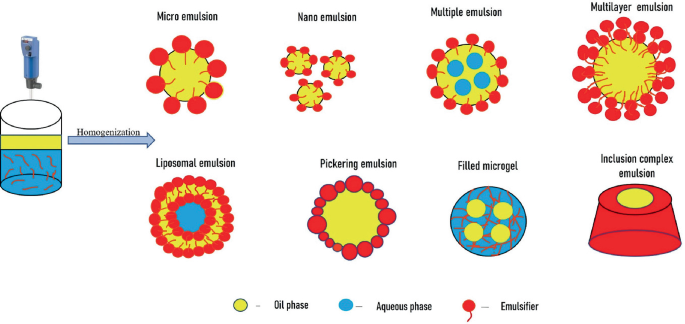 A schematic illustrates the different types of emulsions. The fish oil undergoes homogenization, forming microemulsion, nanoemulsion, multiple emulsion, multilayer emulsion, liposomal emulsion, picketing emulsion, filled microgel, and inclusion complex emulsion.