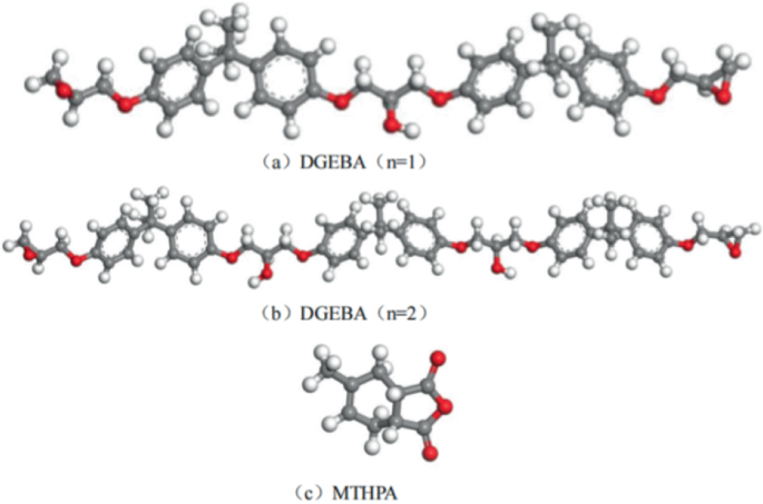 3-D molecular structures present D G E B A and M T H P A. A. Structure of D G E B A with 1 degree of polymerization. B. Structure of D G E B A with 2 degrees of polymerization. C. Structure of M T H P A.