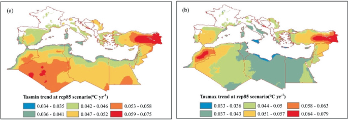 2 distribution maps of the Mediterranean region categorize regions into T min and T max from 2020 to 2010. The annual growth rates of the minimum temperature are 0.034 to 0.075 degree Celsius for R C Ps 8.5 and the annual growth rates of the maximum temperature are 0.033 to 0.079 degree Celsius.