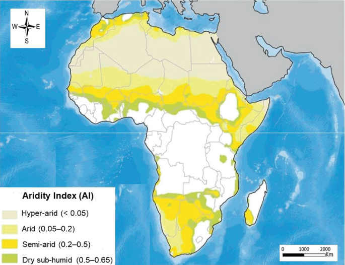 A map of Africa highlights its places for 4 different ranges of aridity index, hyper arid, arid, semi arid, and dry sub humid. Arid, semi arid, and dry sub humid areas are present side by side across East to West in the central region and at the southern end.