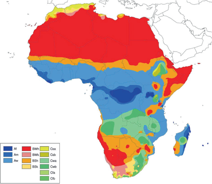 A map of Africa highlights its places for different climates. The majority area in the northern region has warm desert and the majority area in the central region has tropical savana. Other climates are labeled as A f, A m, B W k, B S h, B S k, C s a, C s b, C w a, C w b, C f a, and C f b.
