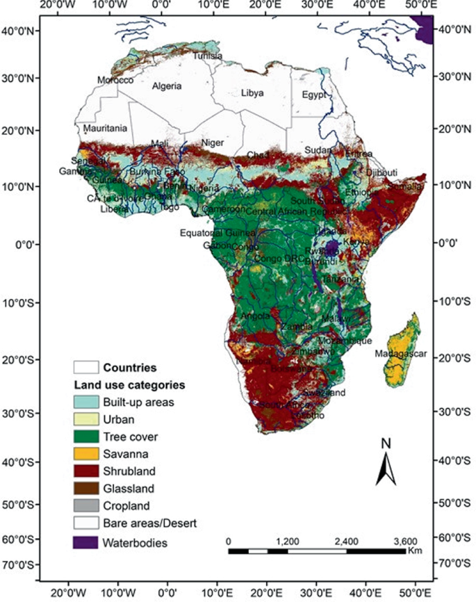 A map of Africa highlights its places for land use. The majority area in the central region has tree cover. The southern and eastern region has shrubland. Other land use categories are build up areas, urban, savanna, grassland, cropland, bare areas or desert, and waterbodies.