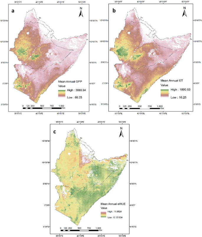 3 maps of the Horn of Africa highlight its places for mean annual G P P value, E T value, and e W U E value. The higher values are present in small patches in Ethiopia.