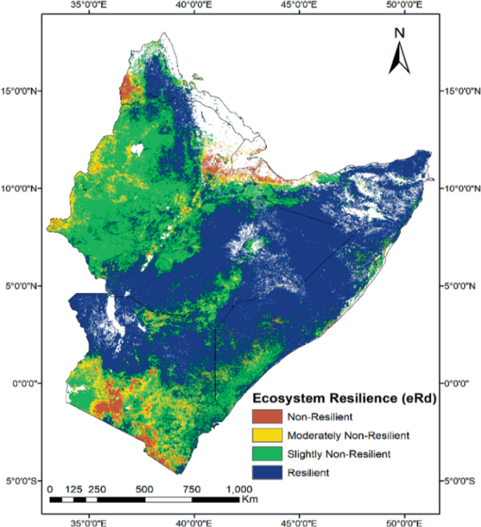 A map of the Horn of Africa highlights its places for ecosystem resilience. Non resilient and moderately non resilient are in small patches in Kenya. Slightly non resilient is in major parts of Ethiopia and Kenya. The resilience is in the remaining other regions.