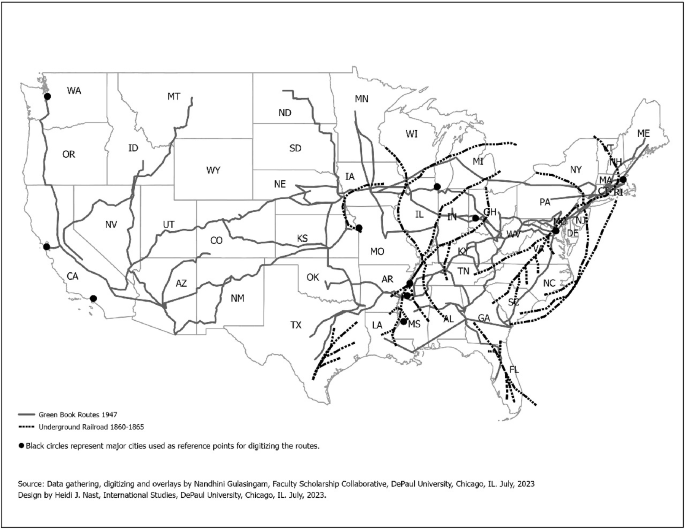 A map of U S A with rail pathways. Green Book Routes 1947 is widely stretched connecting most of the states. Underground Railroad 1860 to 1865 is located on the east connecting Iowa, Missouri, Mississippi, New York, North Carolina, and more. Reference points of digitizing routes are also marked.