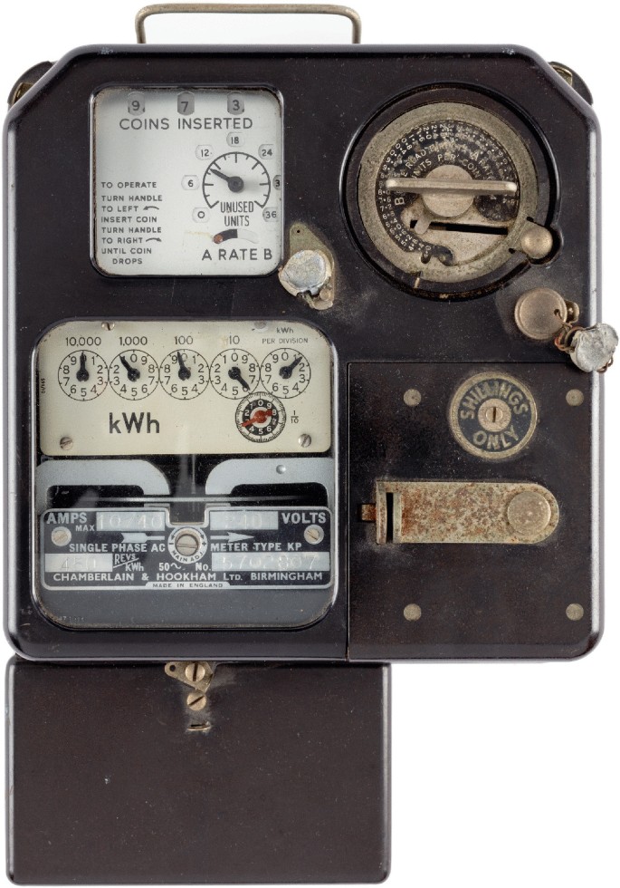 A photograph of a coin-operated power consumption meter box.
