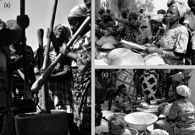 3 photos of a group of women who are engaged in activities such as some striking calabashes, others using drumsticks, and one playing a smaller calabash in a tub of water like a drum.